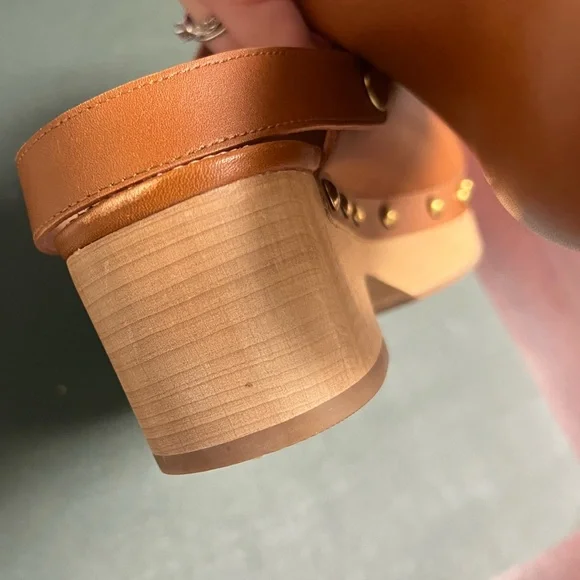 J.Crew brown leather brass stud wood platform slingback clog, size 8.5 - Picture 13 of 13